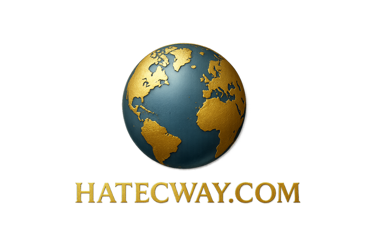 Logo com texto dourado e globo em azul suave e dourado brilhante